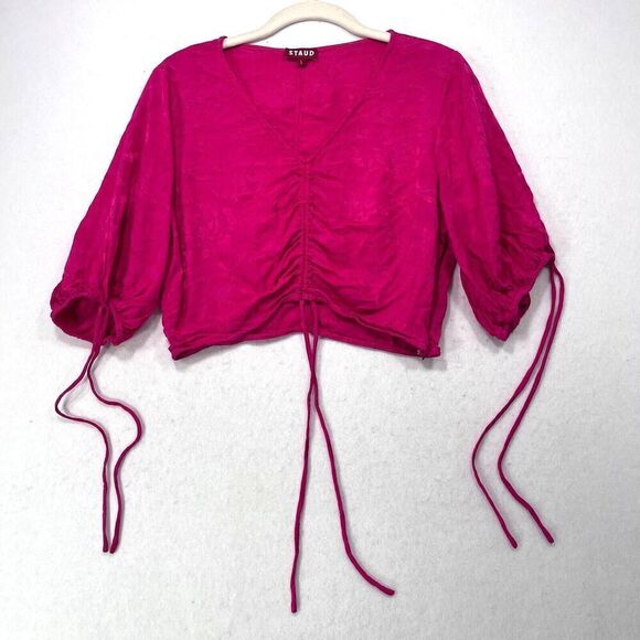 Staud Top Women Large Pink Cropped Floral Jacquard Coquette Romantic Drawstrings - Picture 1 of 13